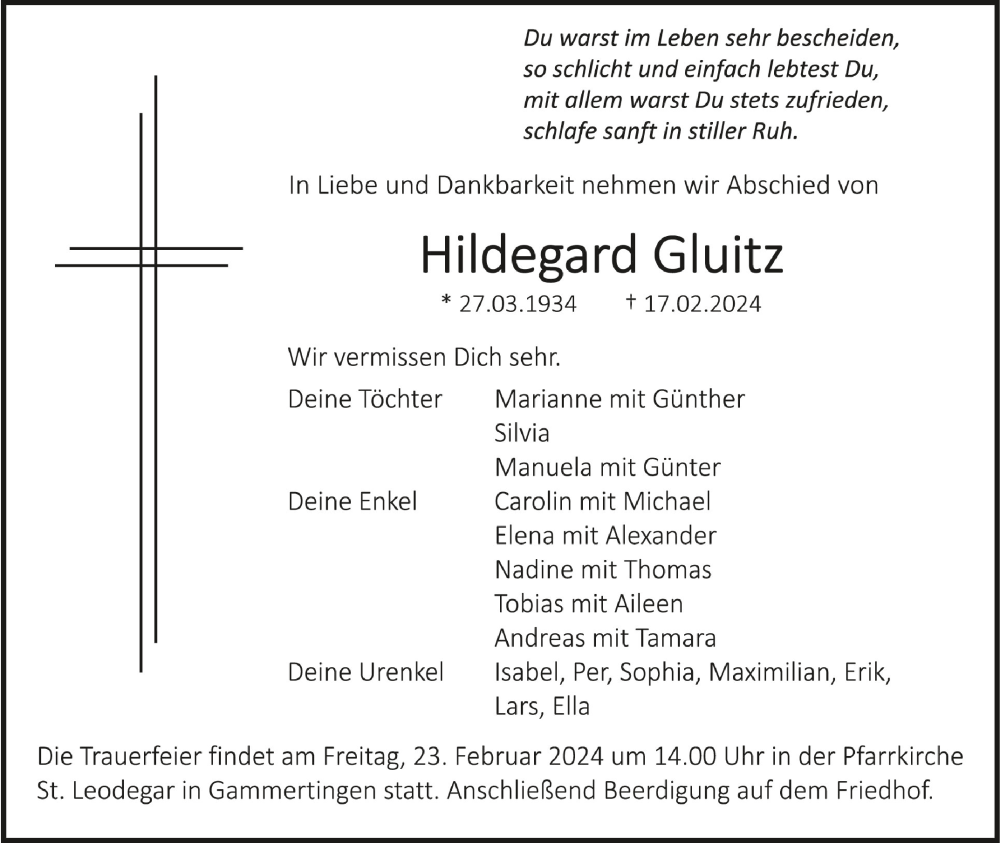  Traueranzeige für Hildegard Gluitz vom 21.02.2024 aus Schwäbische Zeitung