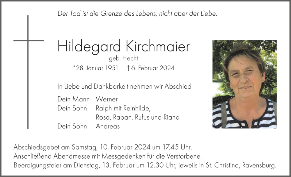  Traueranzeige für Hildegard Kirchmaier vom 10.02.2024 aus Schwäbische Zeitung