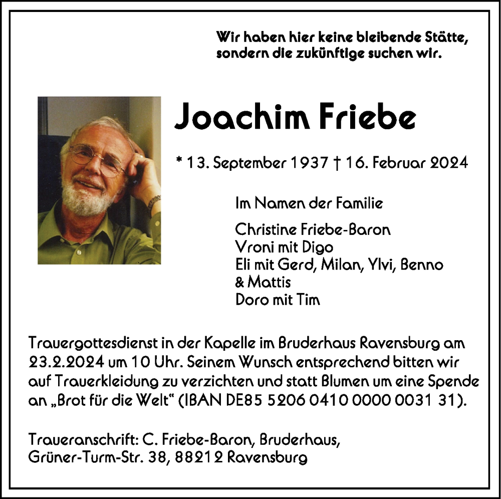  Traueranzeige für Joachim Friebe vom 21.02.2024 aus Schwäbische Zeitung