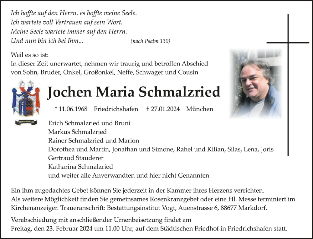  Traueranzeige für Jochen Maria Schmalzried vom 17.02.2024 aus Schwäbische Zeitung