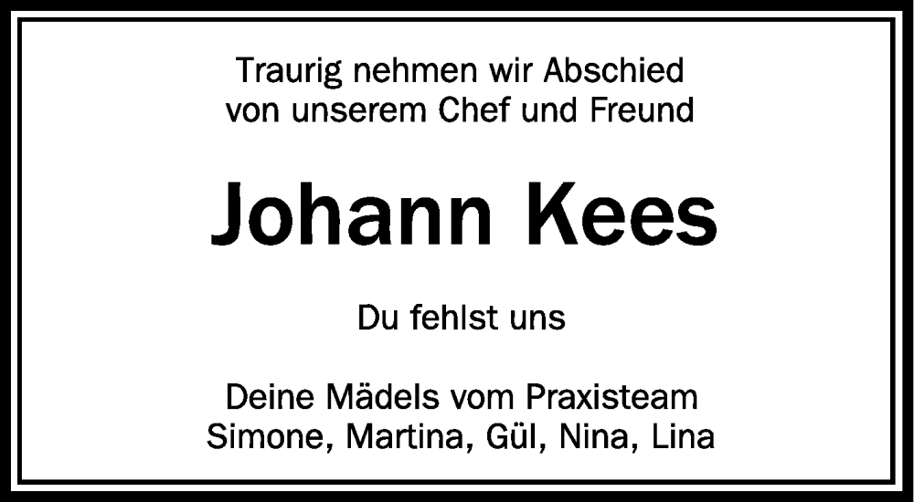  Traueranzeige für Johann Kees vom 02.02.2024 aus Schwäbische Zeitung