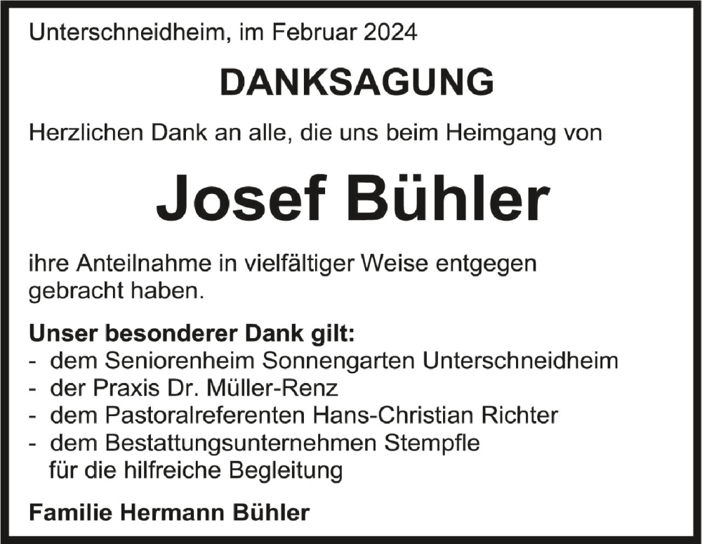  Traueranzeige für Josef Bühler vom 08.02.2024 aus Schwäbische Zeitung