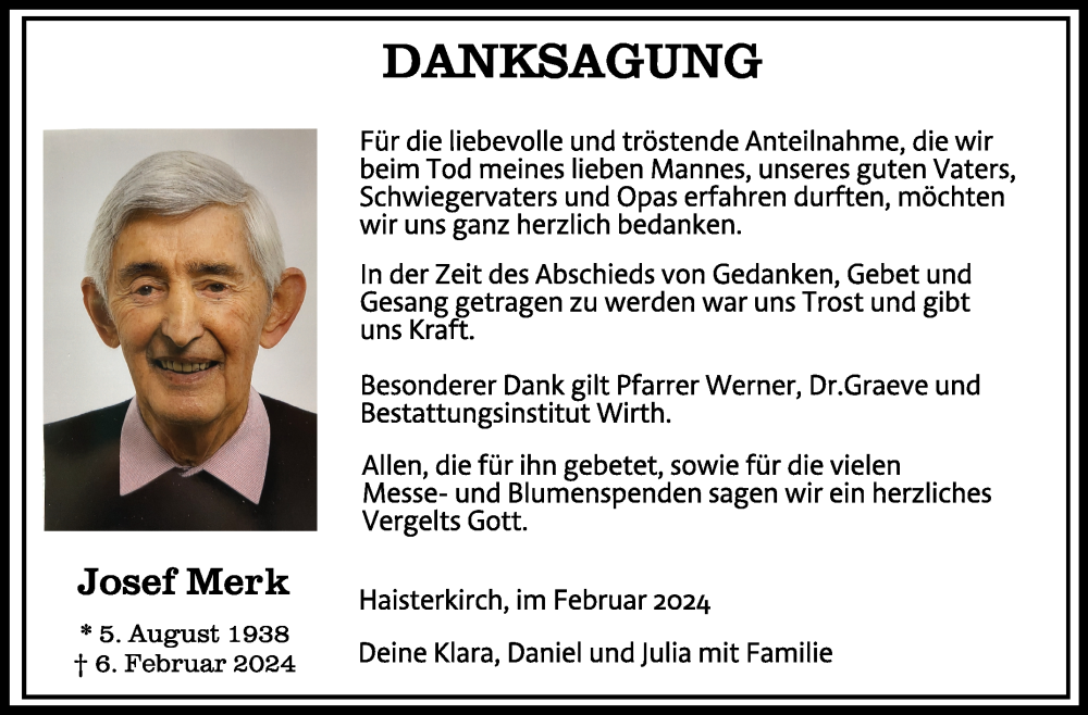  Traueranzeige für Josef Merk vom 24.02.2024 aus Schwäbische Zeitung