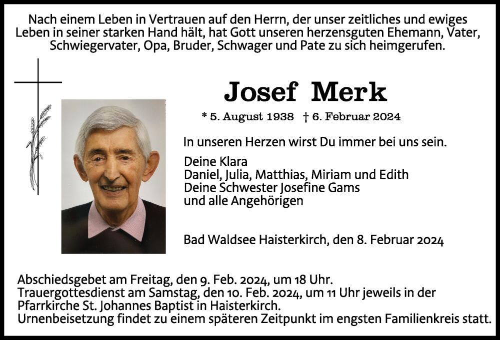  Traueranzeige für Josef Merk vom 08.02.2024 aus Schwäbische Zeitung