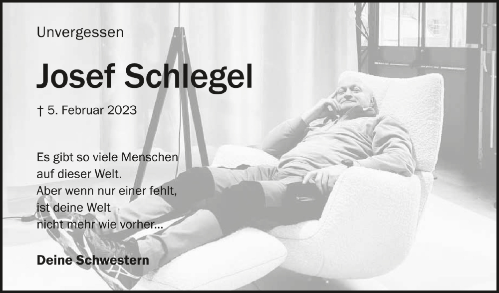  Traueranzeige für Josef Schlegel vom 03.02.2024 aus Schwäbische Zeitung