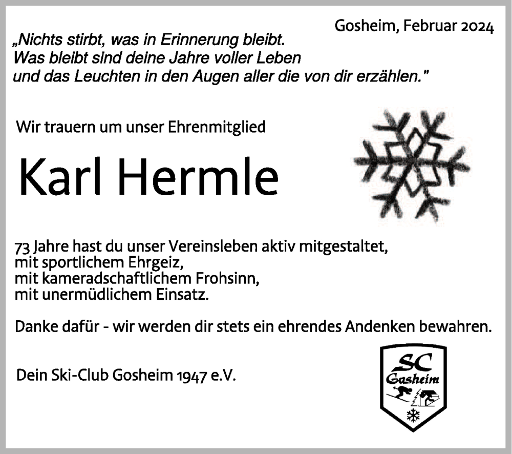  Traueranzeige für Karl Hermle vom 23.02.2024 aus Schwäbische Zeitung
