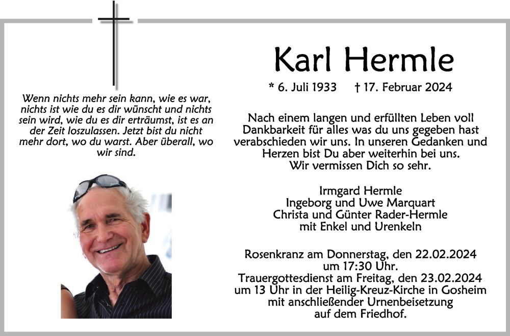  Traueranzeige für Karl Hermle vom 21.02.2024 aus Schwäbische Zeitung