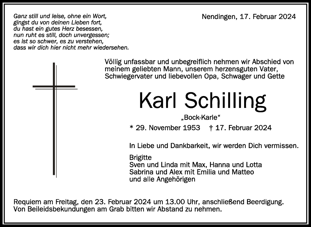  Traueranzeige für Karl Schilling vom 21.02.2024 aus Schwäbische Zeitung