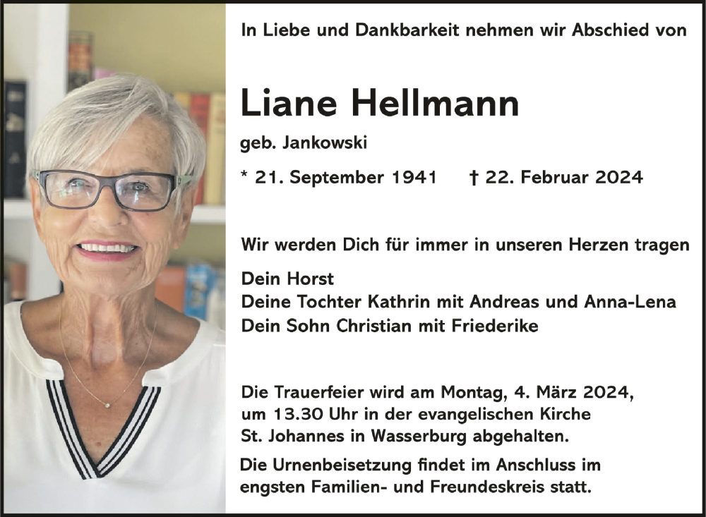  Traueranzeige für Liane Hellmann vom 28.02.2024 aus Schwäbische Zeitung