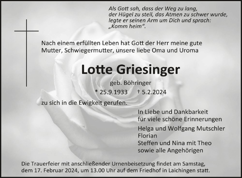  Traueranzeige für Lotte Griesinger vom 14.02.2024 aus Schwäbische Zeitung