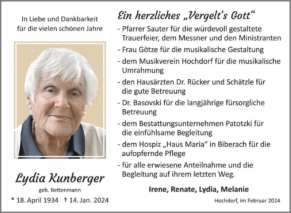  Traueranzeige für Lydia Kunberger vom 10.02.2024 aus Schwäbische Zeitung