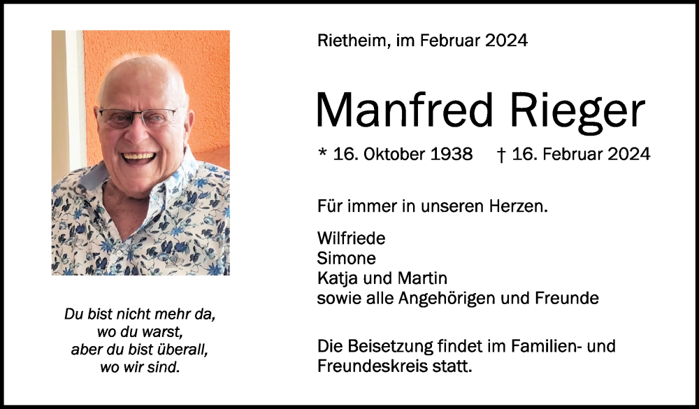 Traueranzeigen von Manfred Rieger | schwaebische.de Trauerportal