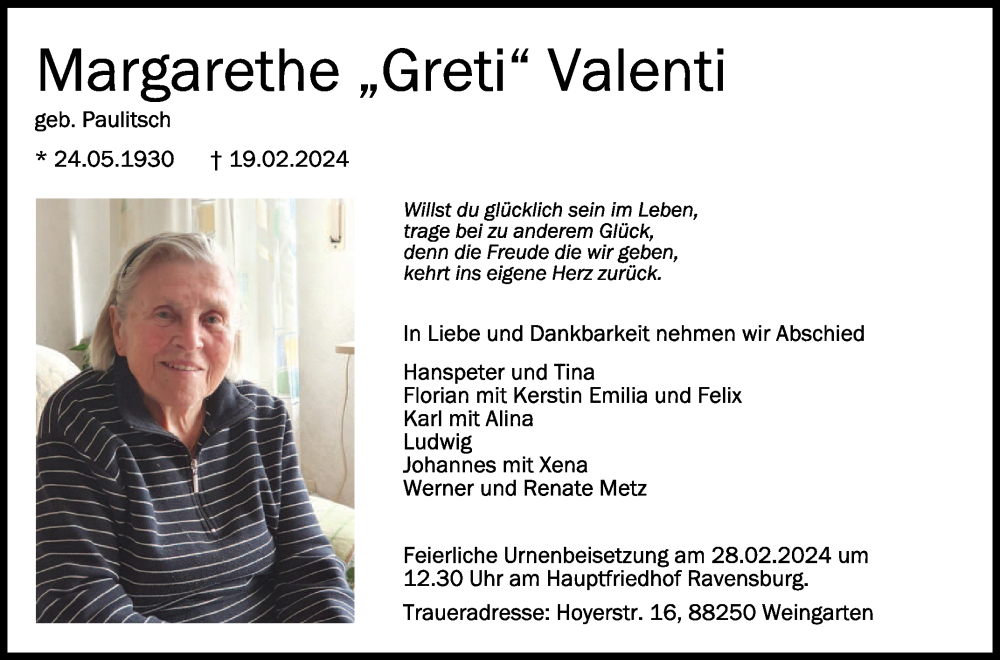  Traueranzeige für Margarethe Valenti vom 24.02.2024 aus Schwäbische Zeitung