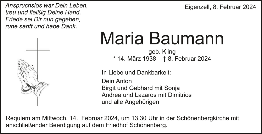  Traueranzeige für Maria Baumann vom 10.02.2024 aus Schwäbische Zeitung