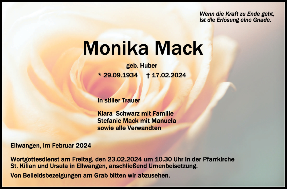  Traueranzeige für Monika Mack vom 21.02.2024 aus Schwäbische Zeitung