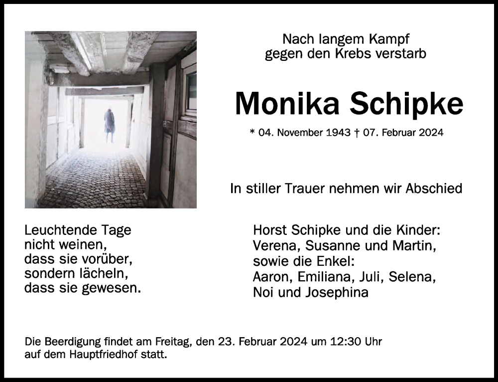 Traueranzeige für Monika Schipke vom 12.02.2024 aus Schwäbische Zeitung