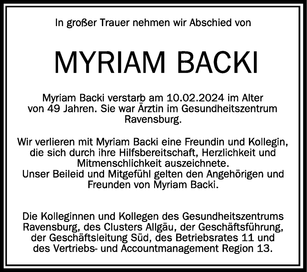  Traueranzeige für Myriam Backi  vom 24.02.2024 aus Schwäbische Zeitung