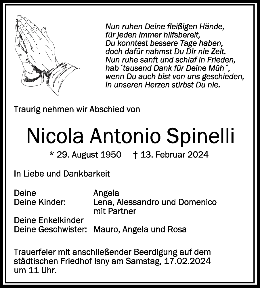  Traueranzeige für Nicola Antonio Spinelli vom 15.02.2024 aus Schwäbische Zeitung