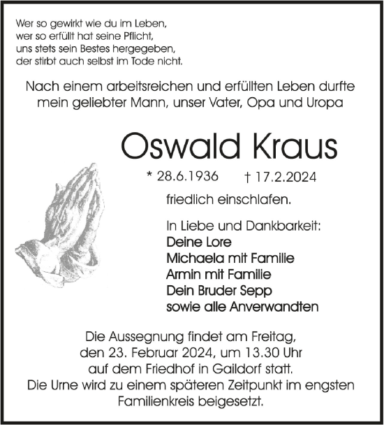 Anzeige von Oswald Kraus von Schwäbische Zeitung