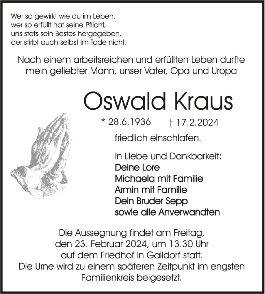  Traueranzeige für Oswald Kraus vom 21.02.2024 aus Schwäbische Zeitung
