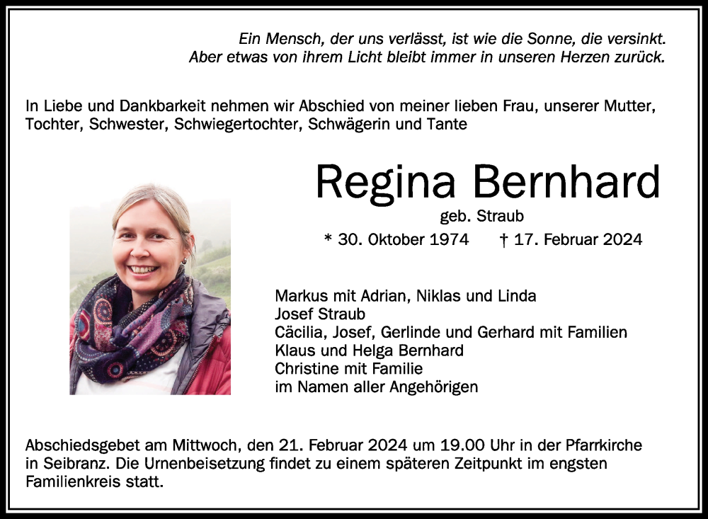  Traueranzeige für Regina Bernhard vom 20.02.2024 aus Schwäbische Zeitung