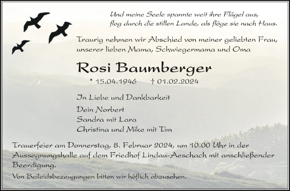  Traueranzeige für Rosi Baumberger vom 06.02.2024 aus Schwäbische Zeitung
