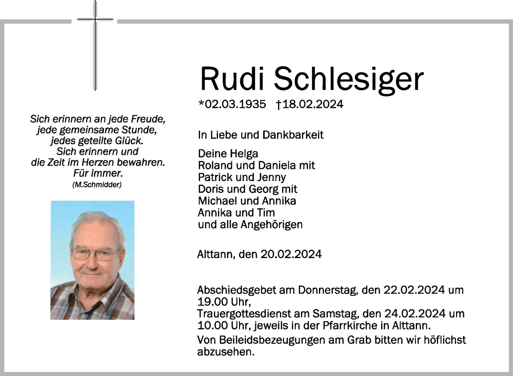  Traueranzeige für Rudi Schlesiger vom 20.02.2024 aus Schwäbische Zeitung