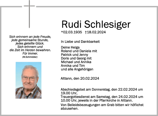 Anzeige von Rudi Schlesiger von Schwäbische Zeitung