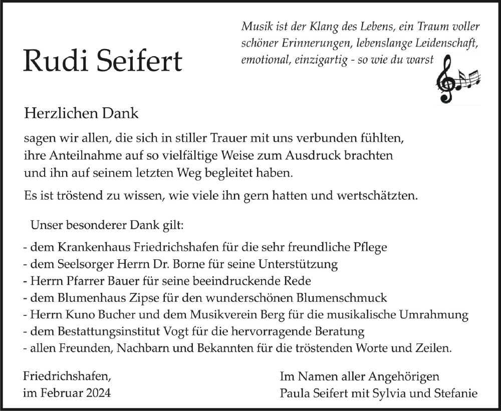  Traueranzeige für Rudi Seifert vom 17.02.2024 aus Schwäbische Zeitung