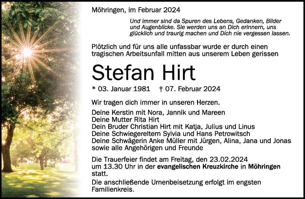  Traueranzeige für Stefan Hirt vom 21.02.2024 aus Schwäbische Zeitung