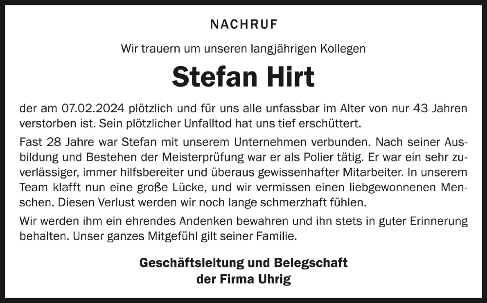  Traueranzeige für Stefan Hirt vom 23.02.2024 aus Schwäbische Zeitung