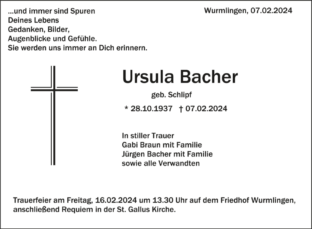 Traueranzeige für Ursula Bacher vom 10.02.2024 aus Schwäbische Zeitung