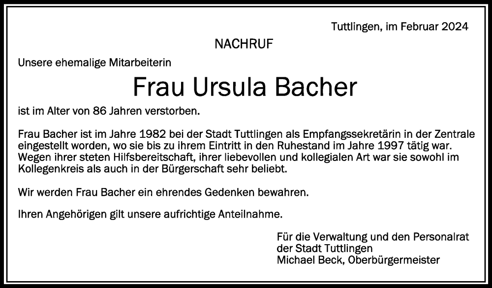  Traueranzeige für Ursula Bacher vom 16.02.2024 aus Schwäbische Zeitung