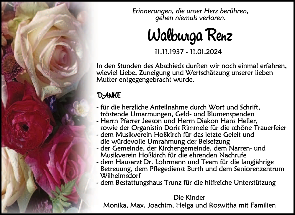  Traueranzeige für Walburga Renz vom 03.02.2024 aus Schwäbische Zeitung