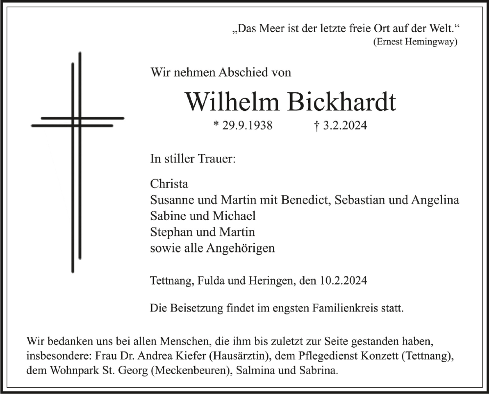  Traueranzeige für Wilhelm Bickhardt vom 10.02.2024 aus Schwäbische Zeitung