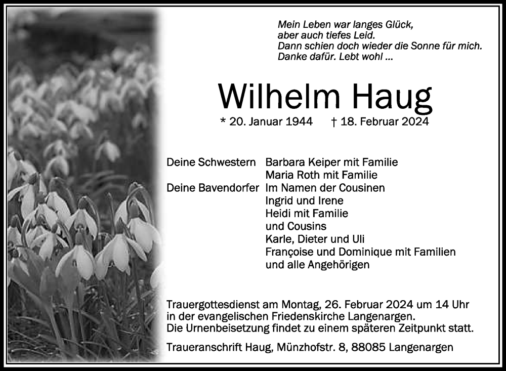  Traueranzeige für Wilhelm Haug vom 21.02.2024 aus Schwäbische Zeitung