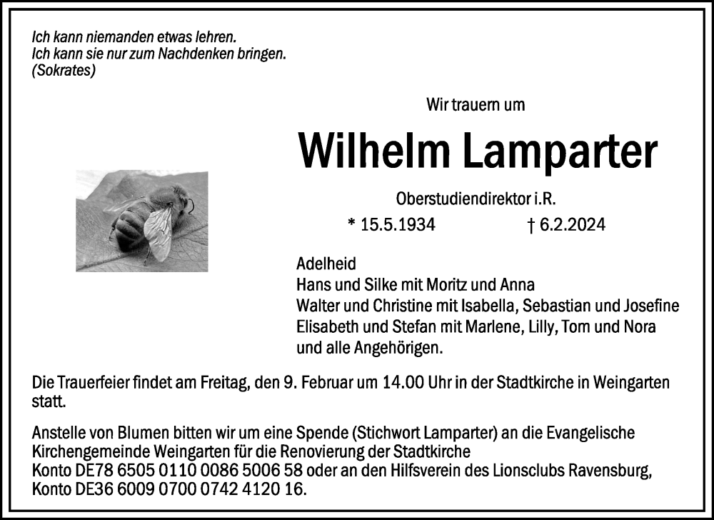  Traueranzeige für Wilhelm Lamparter vom 08.02.2024 aus Schwäbische Zeitung