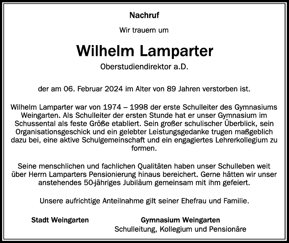  Traueranzeige für Wilhelm Lamparter vom 10.02.2024 aus Schwäbische Zeitung