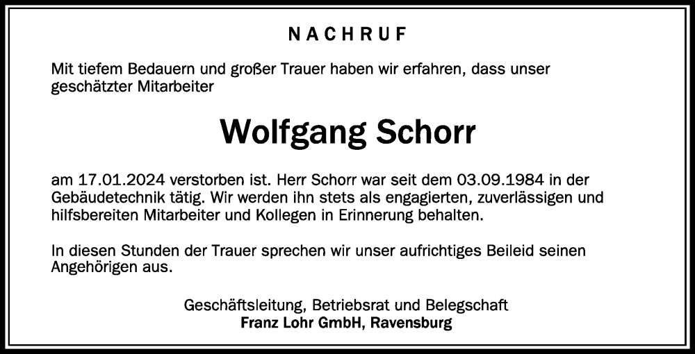  Traueranzeige für Wolfgang Schorr vom 01.02.2024 aus Schwäbische Zeitung