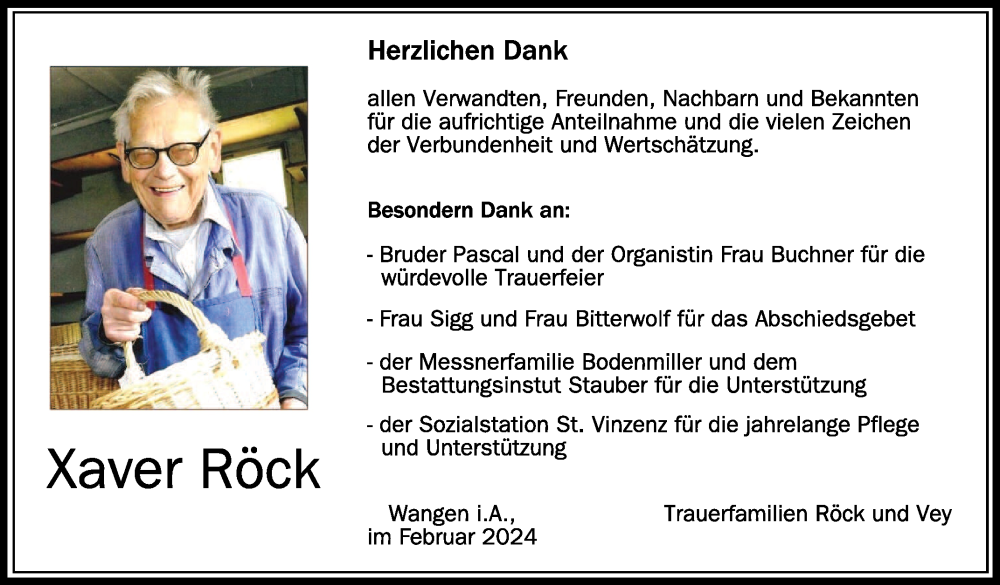  Traueranzeige für Xaver Röck vom 24.02.2024 aus Schwäbische Zeitung