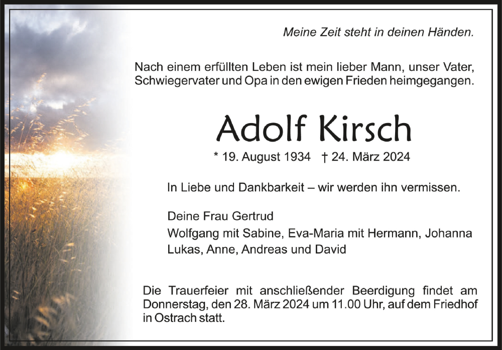  Traueranzeige für Adolf Kirsch vom 26.03.2024 aus Schwäbische Zeitung