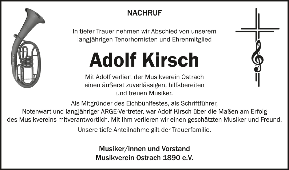  Traueranzeige für Adolf Kirsch vom 28.03.2024 aus Schwäbische Zeitung