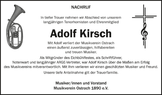 Anzeige von Adolf Kirsch von Schwäbische Zeitung