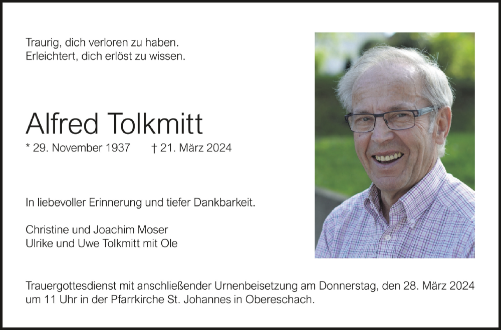  Traueranzeige für Alfred Tolkmitt vom 26.03.2024 aus Schwäbische Zeitung