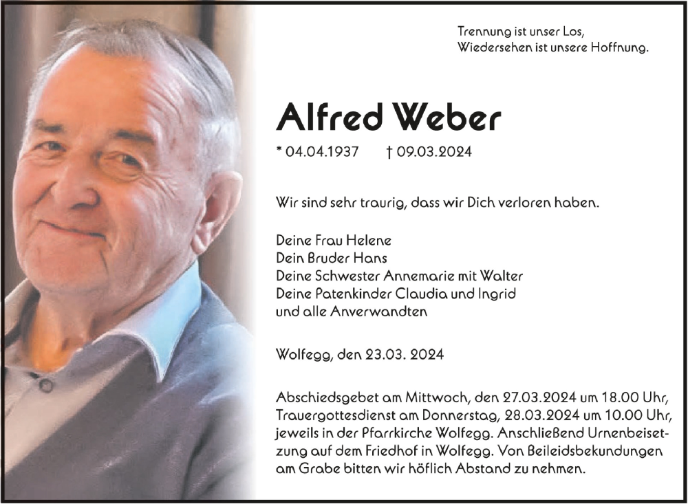  Traueranzeige für Alfred Weber vom 23.03.2024 aus Schwäbische Zeitung