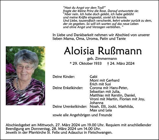 Anzeige von Aloisia Rußmann von Schwäbische Zeitung