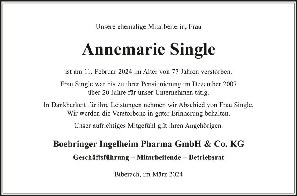  Traueranzeige für Annemarie Single vom 07.03.2024 aus Schwäbische Zeitung