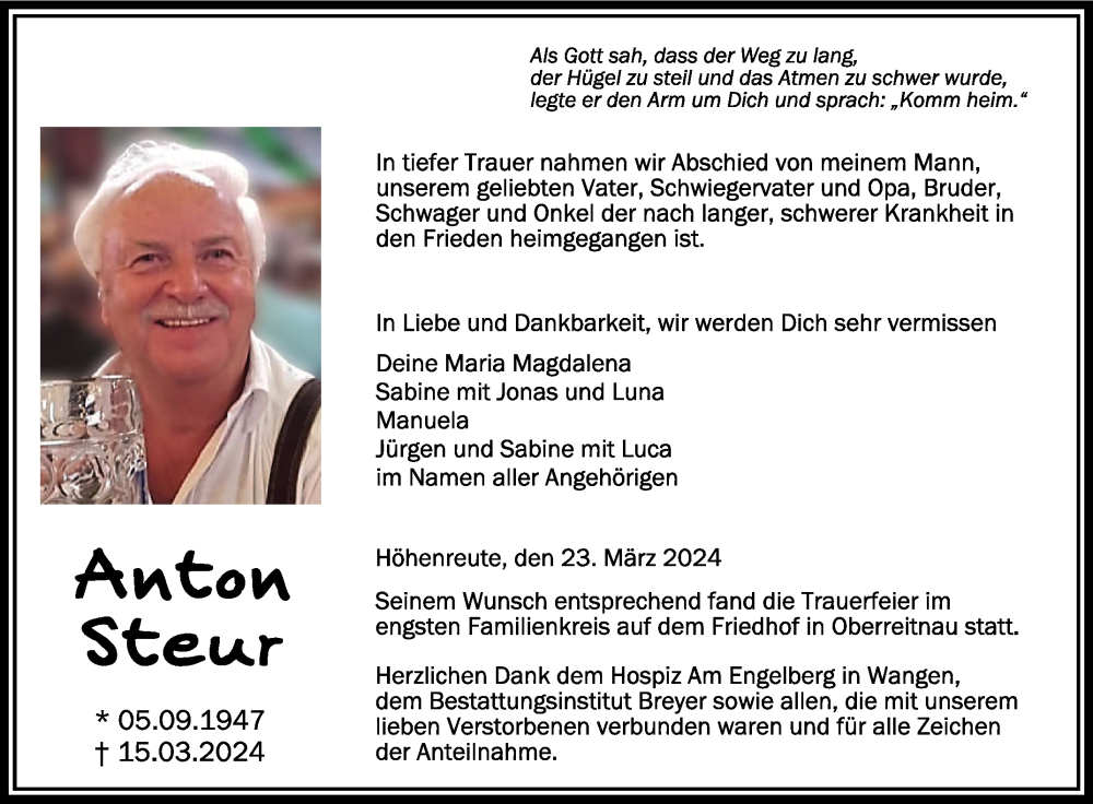  Traueranzeige für Anton Steur vom 23.03.2024 aus Schwäbische Zeitung