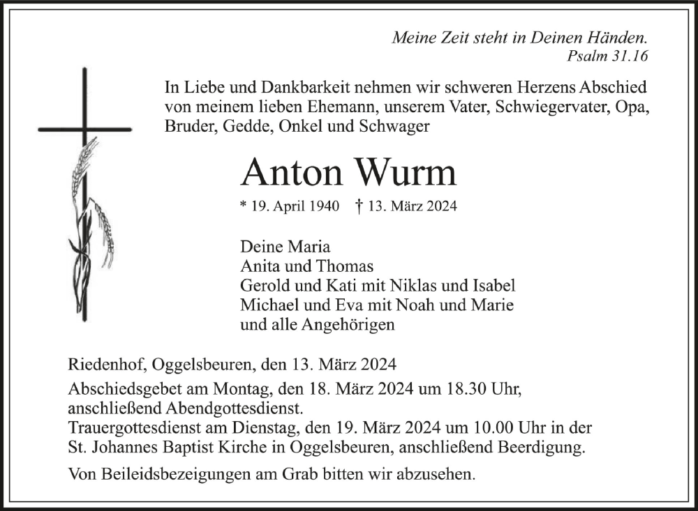  Traueranzeige für Anton Wurm vom 16.03.2024 aus Schwäbische Zeitung