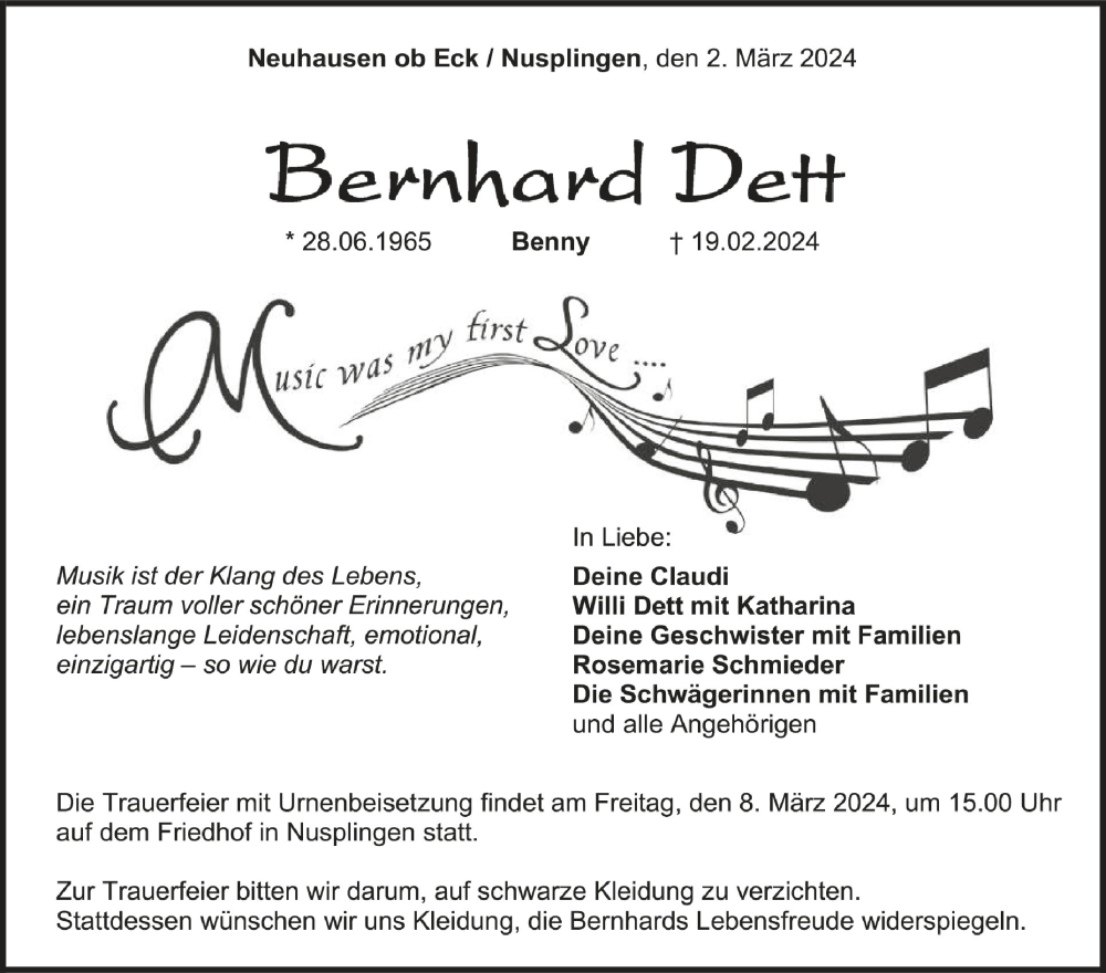  Traueranzeige für Bernhard Dett vom 02.03.2024 aus Schwäbische Zeitung